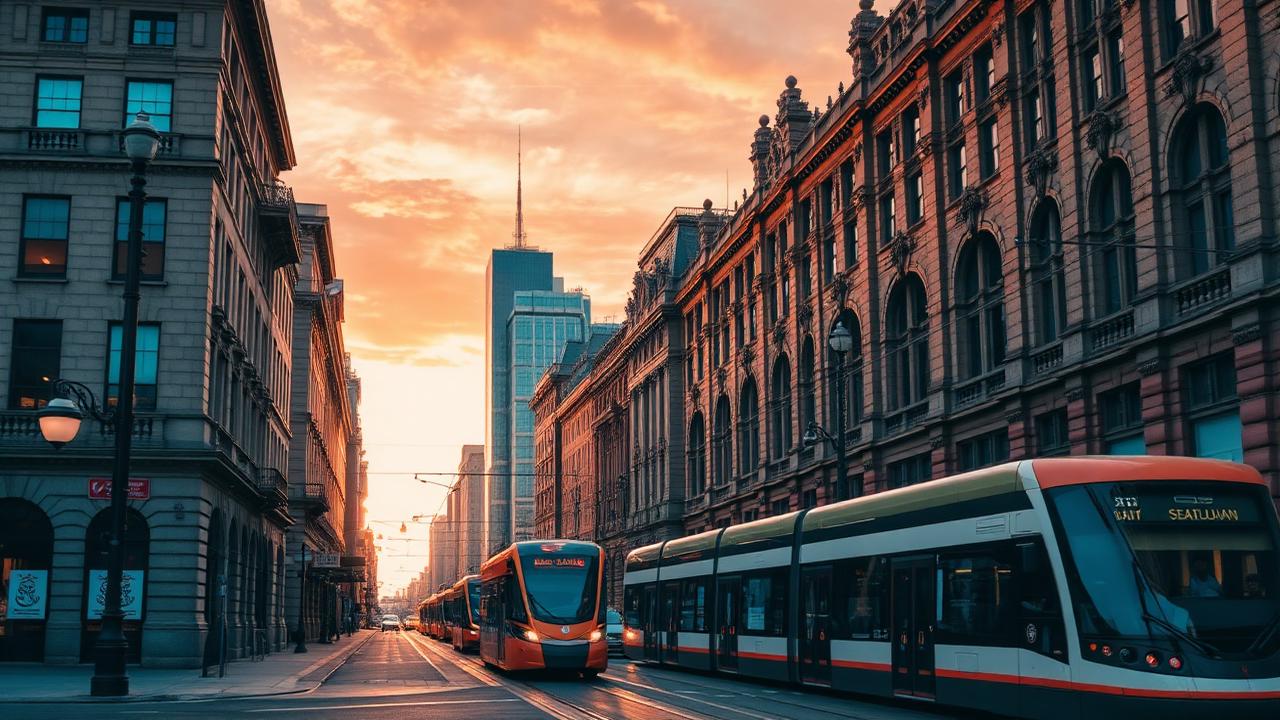 Calle de Adelaide con tranvías al atardecer