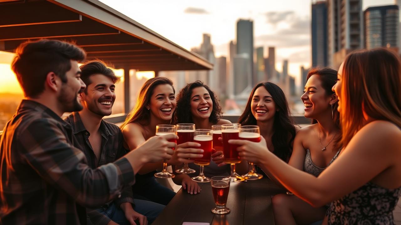 Amigos brindando en rooftop australiano