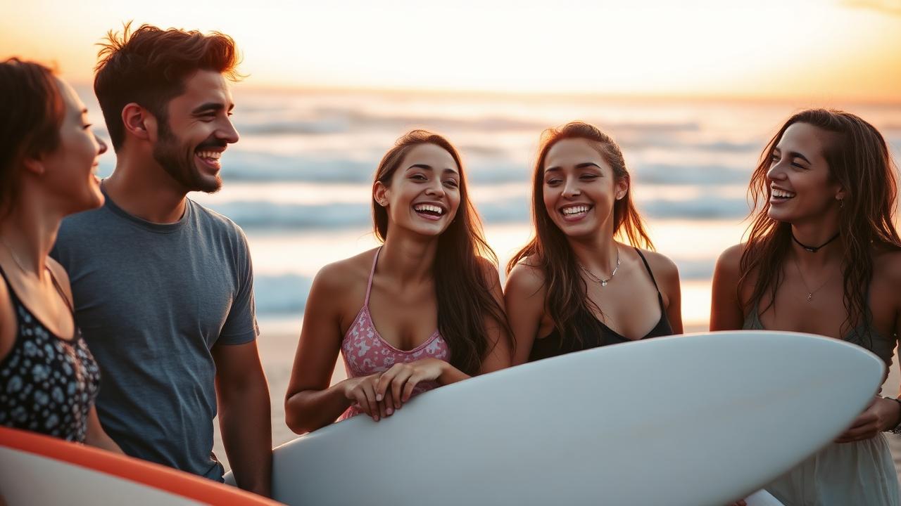 Grupo de jóvenes internacionales riendo en la playa de Bondi al atardecer