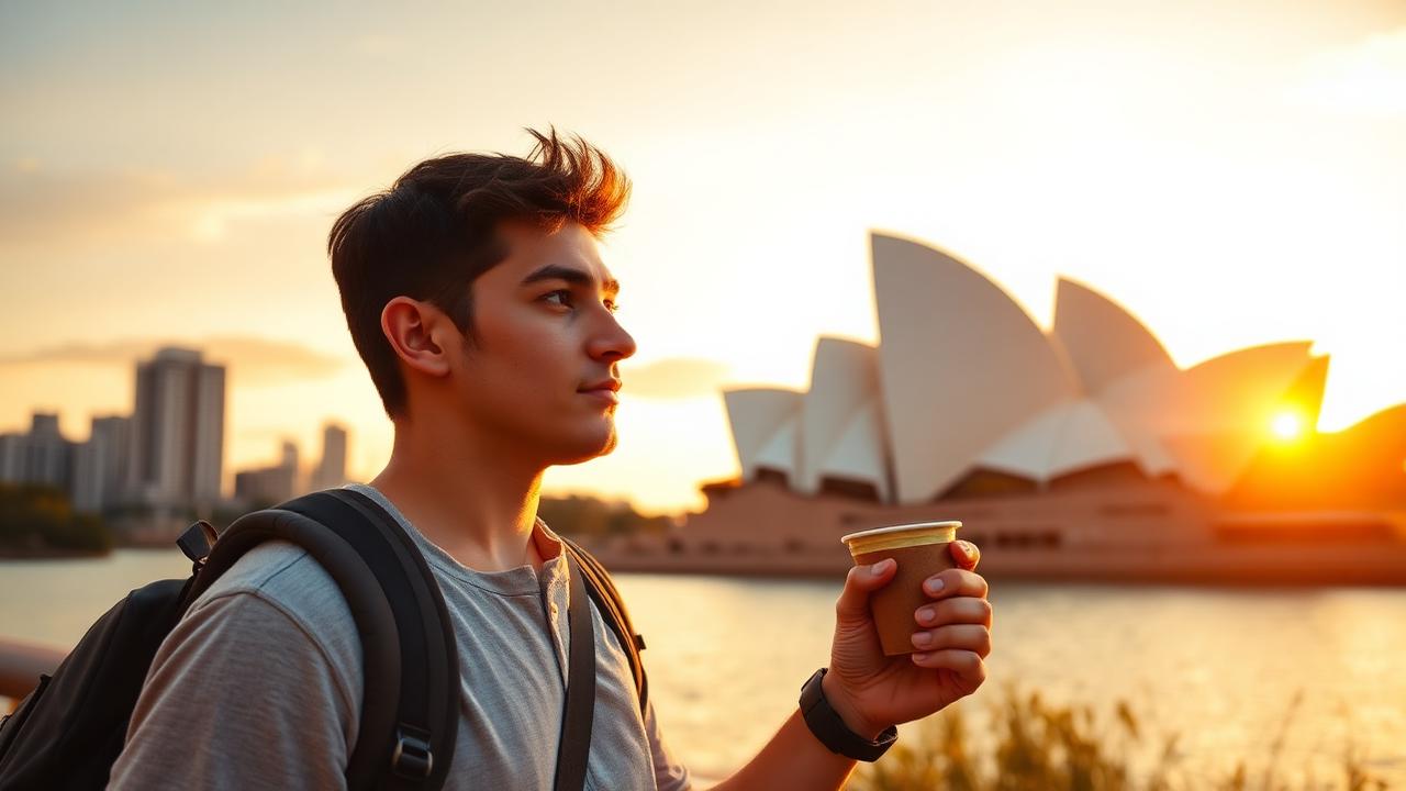 Joven argentino con mate frente a la Ópera de Sídney