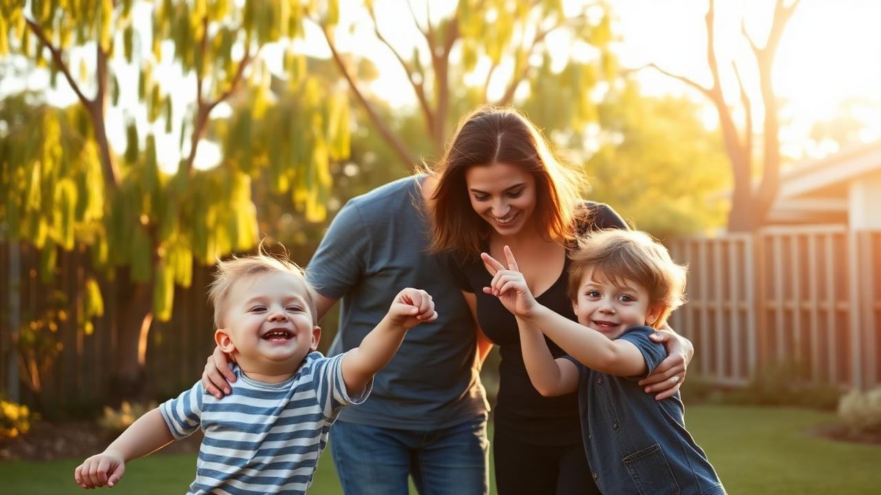 Au pair jugando con dos niños en jardín de Melbourne