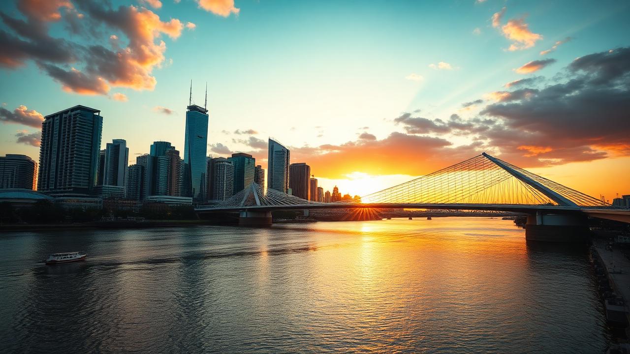 Skyline de Brisbane sobre el río al atardecer