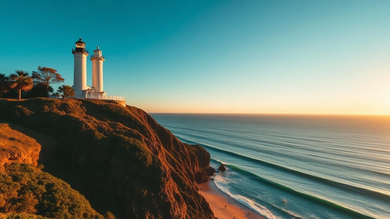 Faro de Byron Bay sobre el océano al amanecer