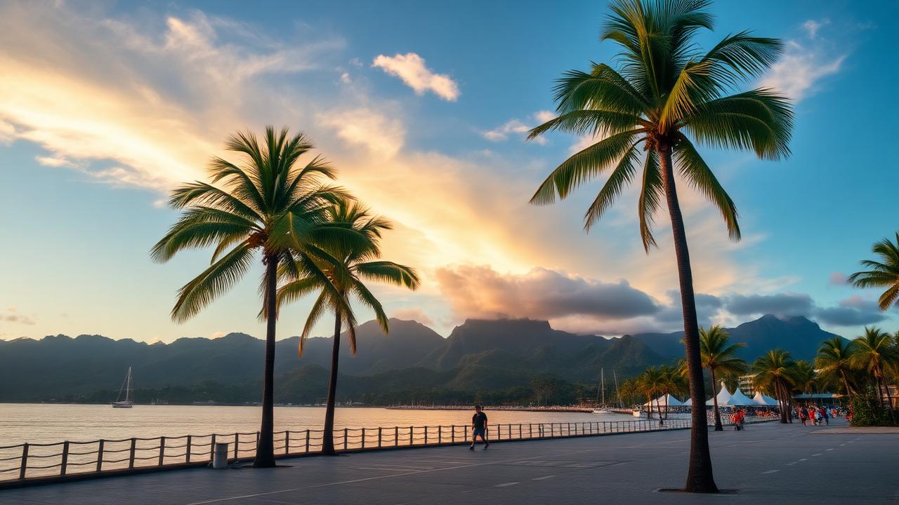 Esplanada de Cairns con palmeras y montañas tropicales