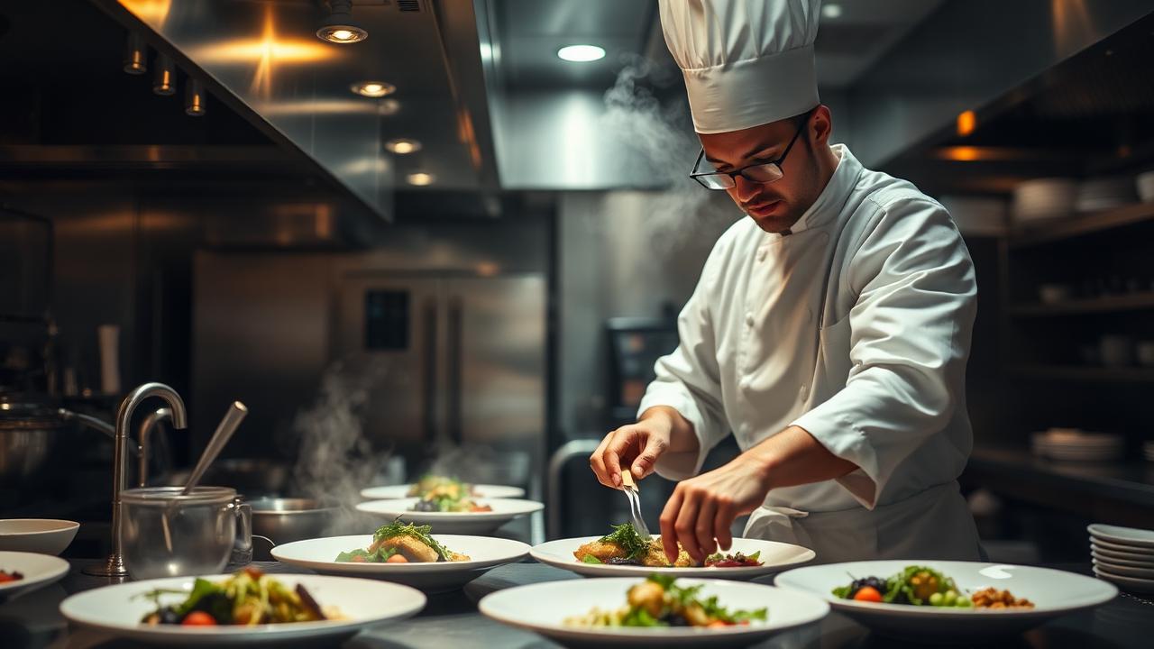 Chef emplatando en cocina de restaurante de Melbourne