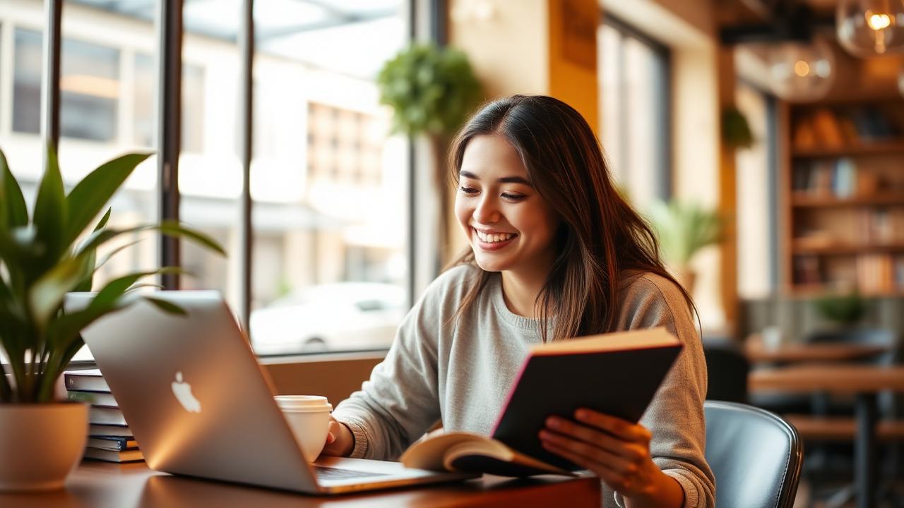 Estudiante internacional con portátil y libros estudiando inglés en una cafetería de Melbourne