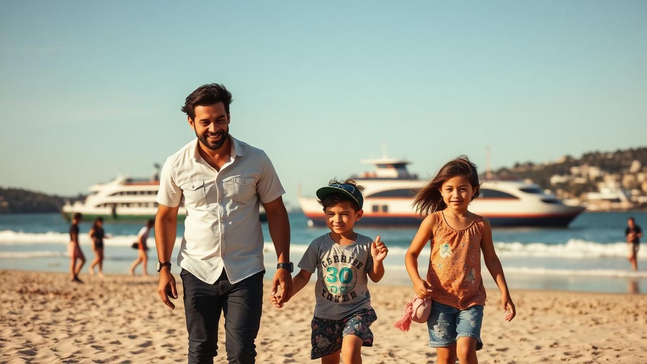 Familia hispana paseando en playa de Manly
