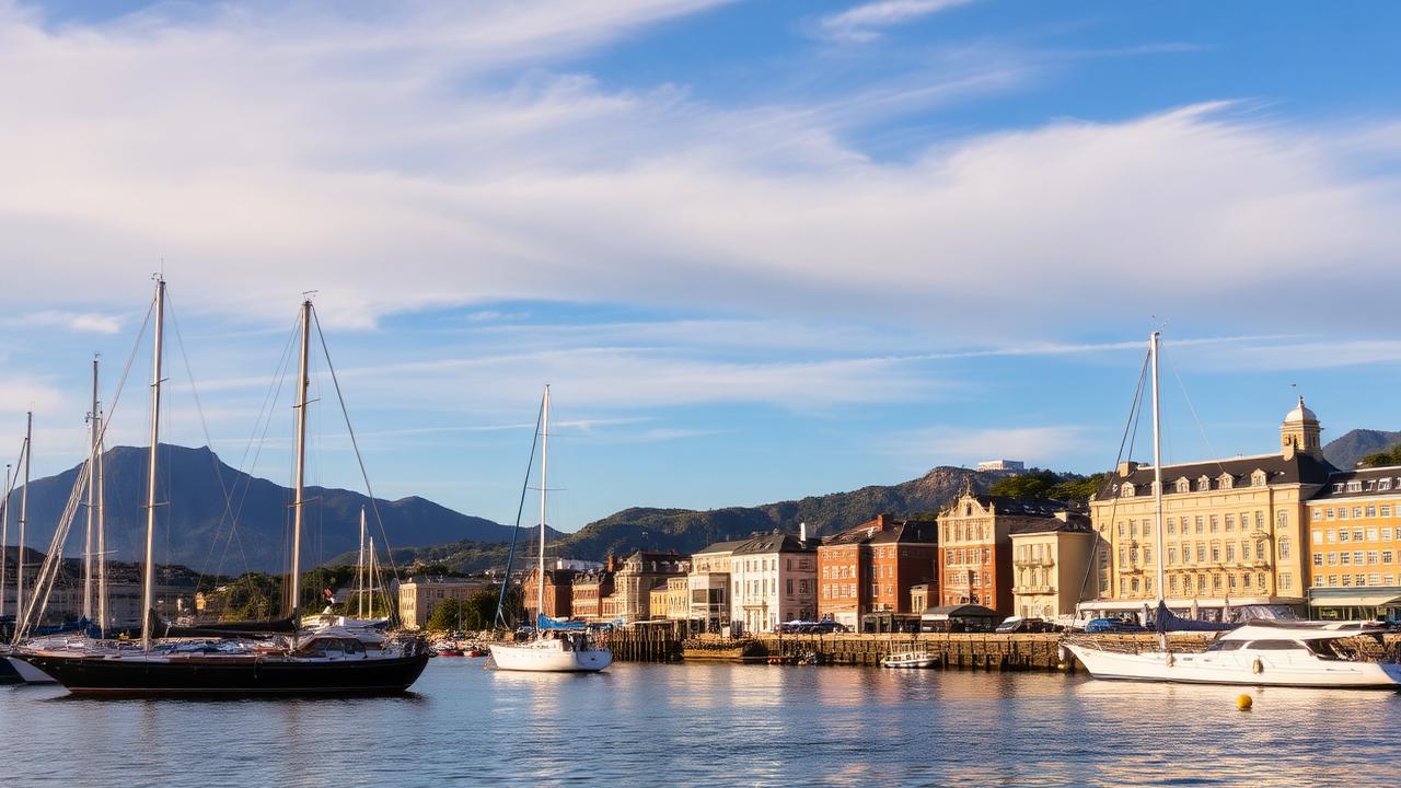 Puerto histórico de Hobart con Mount Wellington al fondo