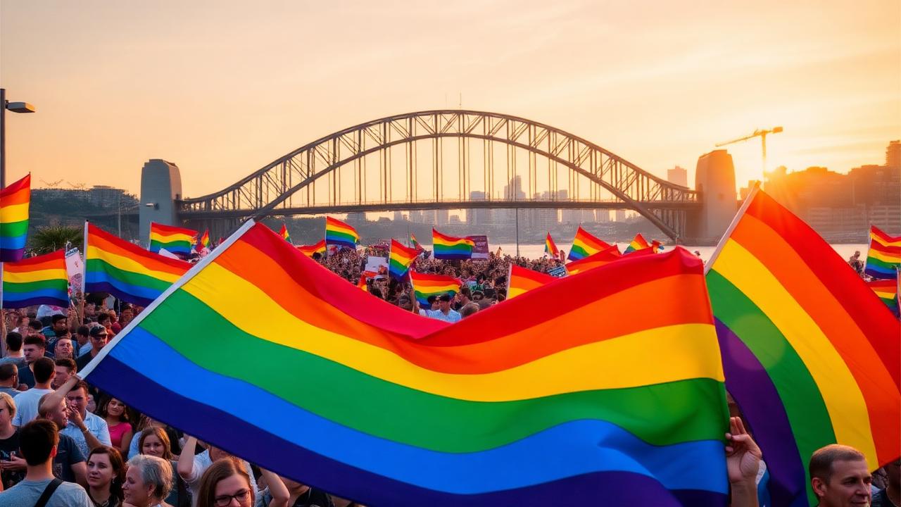 Mardi Gras en Sídney con banderas arcoíris frente a Harbour Bridge