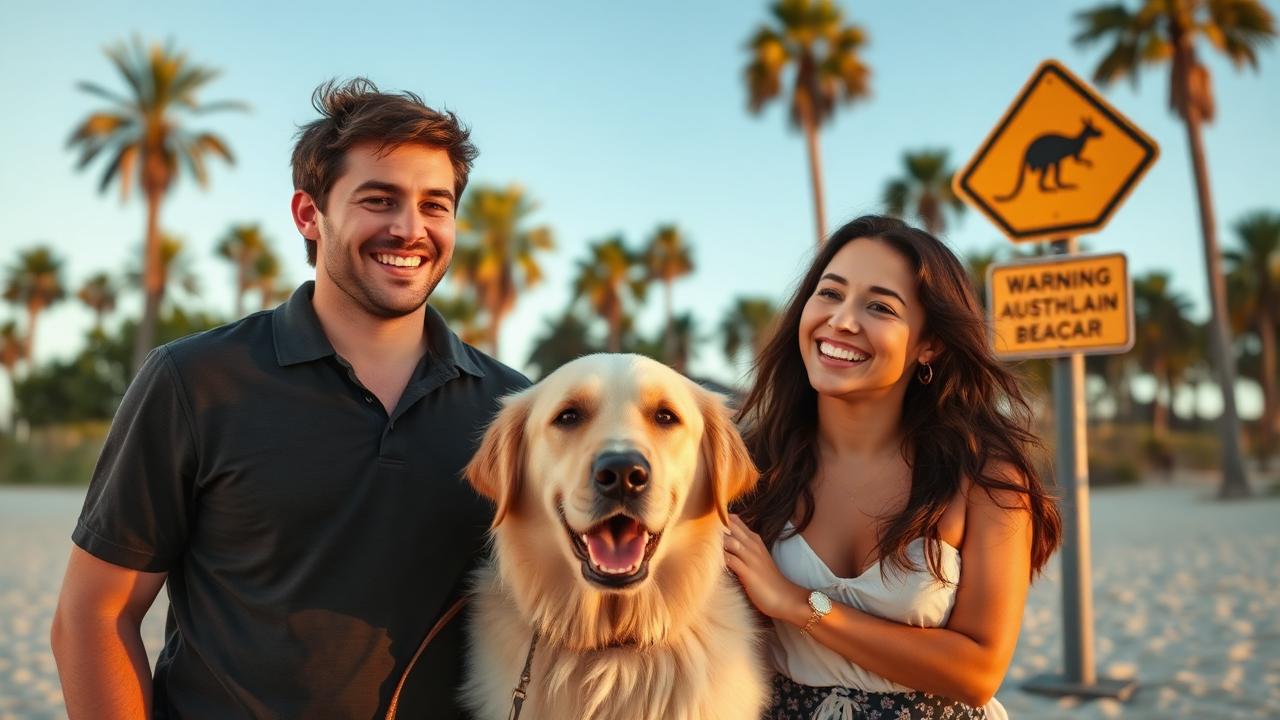 Pareja con golden retriever en playa australiana