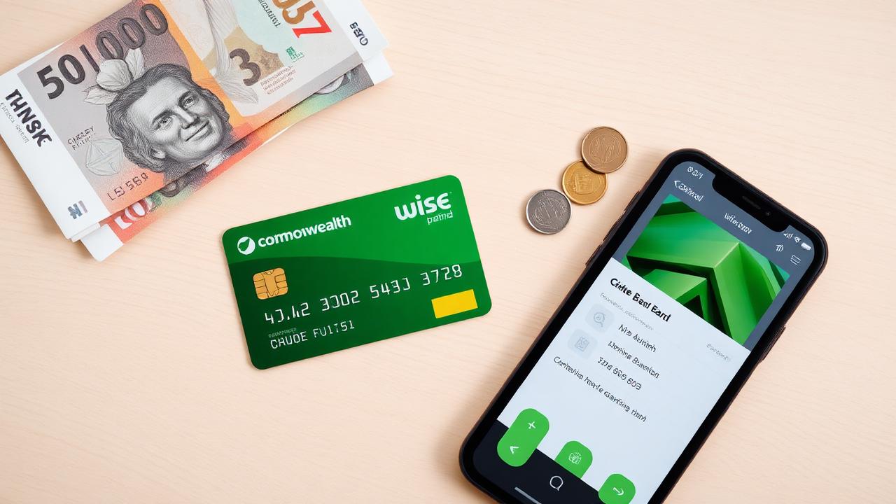 Tarjeta Commonwealth Bank y tarjeta Wise junto a dólares australianos y euros sobre escritorio