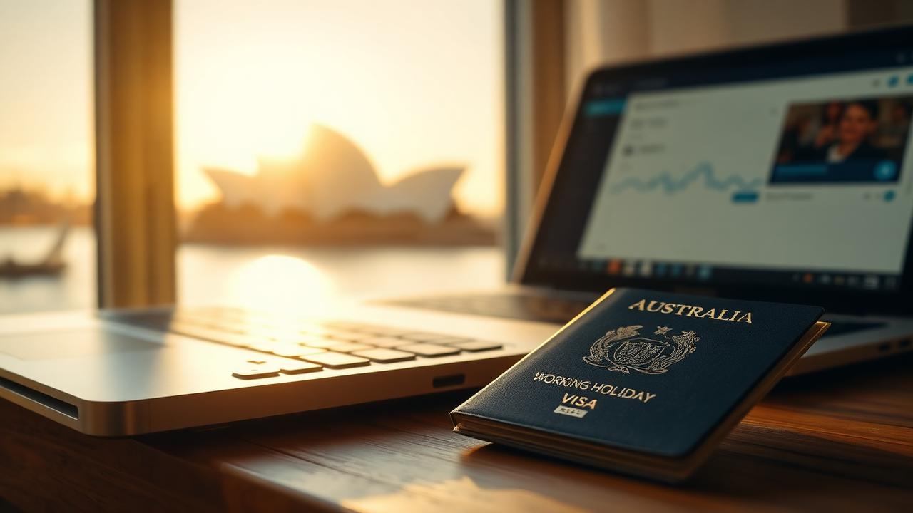 Pasaporte australiano con visa Working Holiday y portátil con vista a la Ópera de Sídney