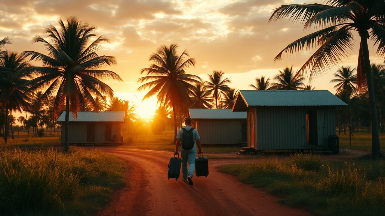Cabañas de trabajadores en una granja de Queensland al atardecer con palmeras