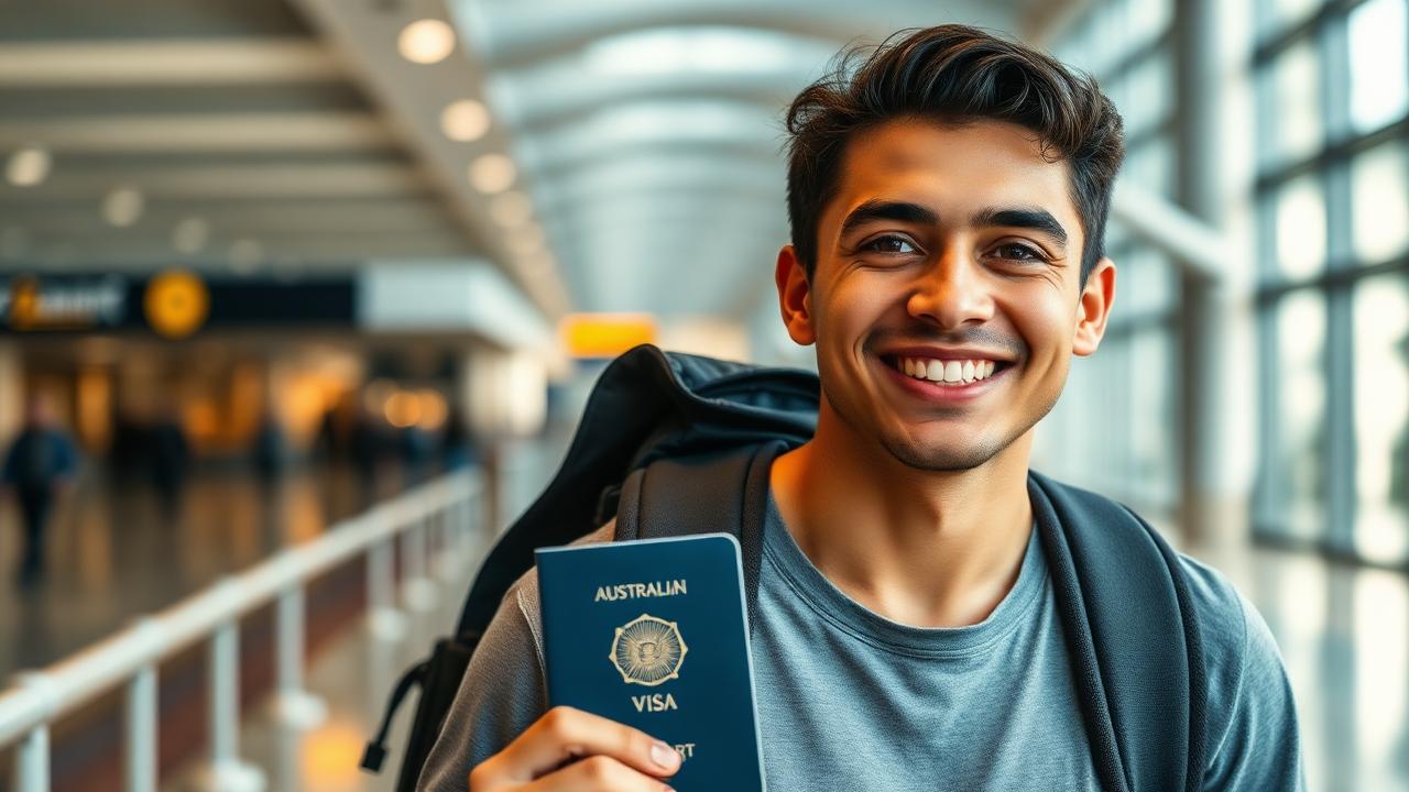 Joven latinoamericano sonriendo en el aeropuerto de Sídney con su pasaporte y visa 462