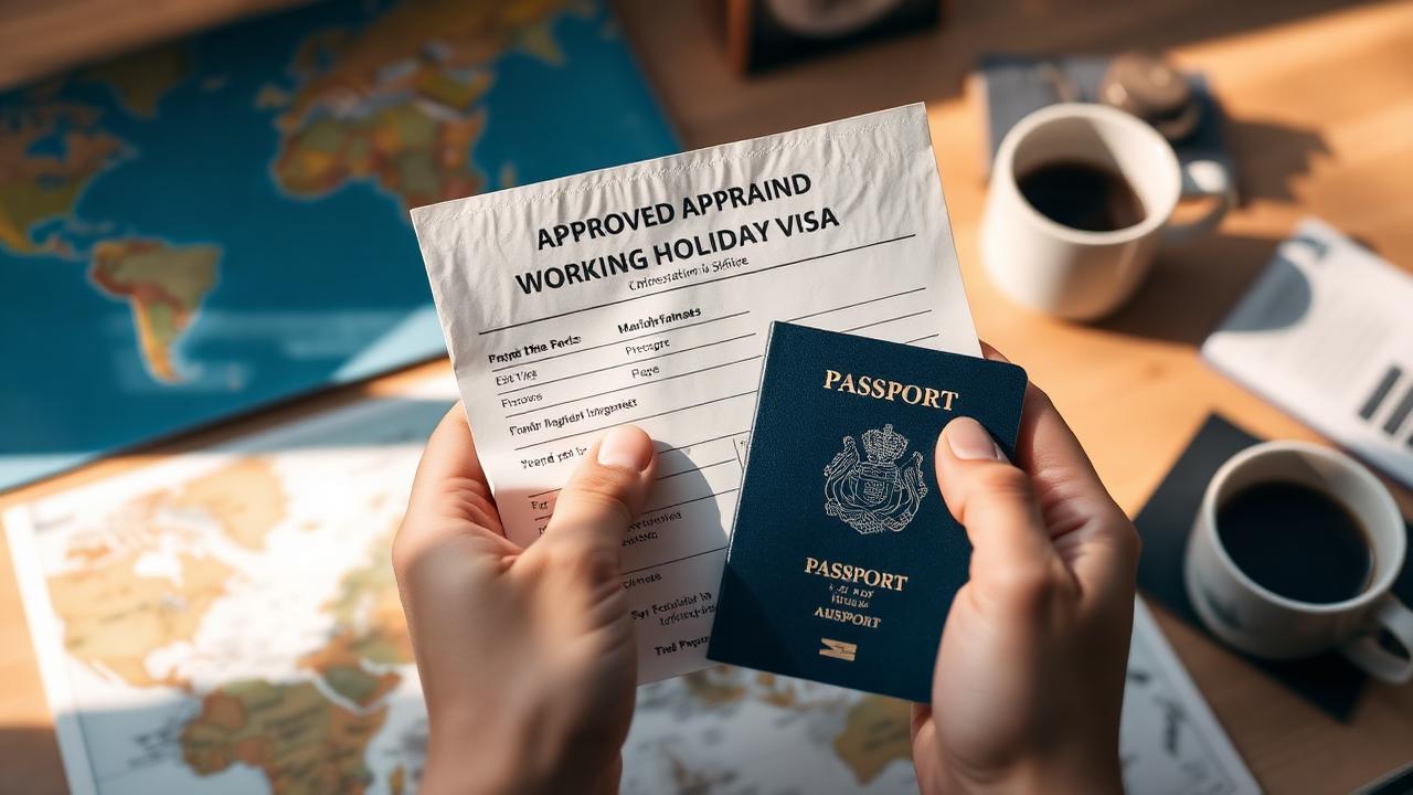 Manos sosteniendo un pasaporte y una visa Working Holiday Australia aprobada