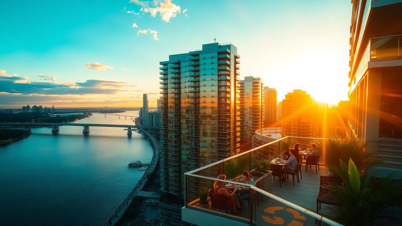 Vista aérea del río Brisbane al atardecer con apartamentos modernos