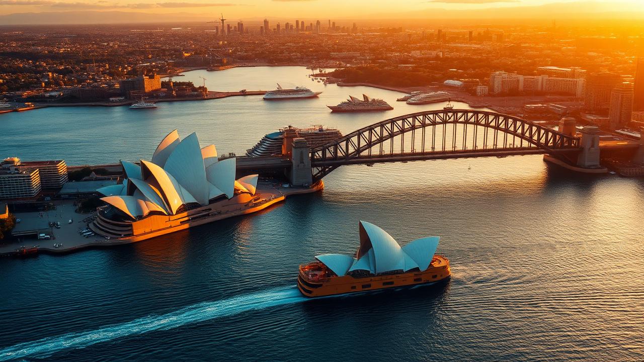 Vista aérea cinematográfica del puerto de Sídney al atardecer con la Ópera y el Harbour Bridge
